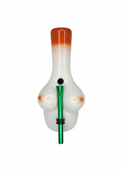 White boobs nude erotic bong with orange top on a white background,sunset water pipe for stoners hippie trippy psyedeluc 420 &  710 accessories essentials, 
goddess bong ceramic water pipe, ganja girls marijuana maryjane