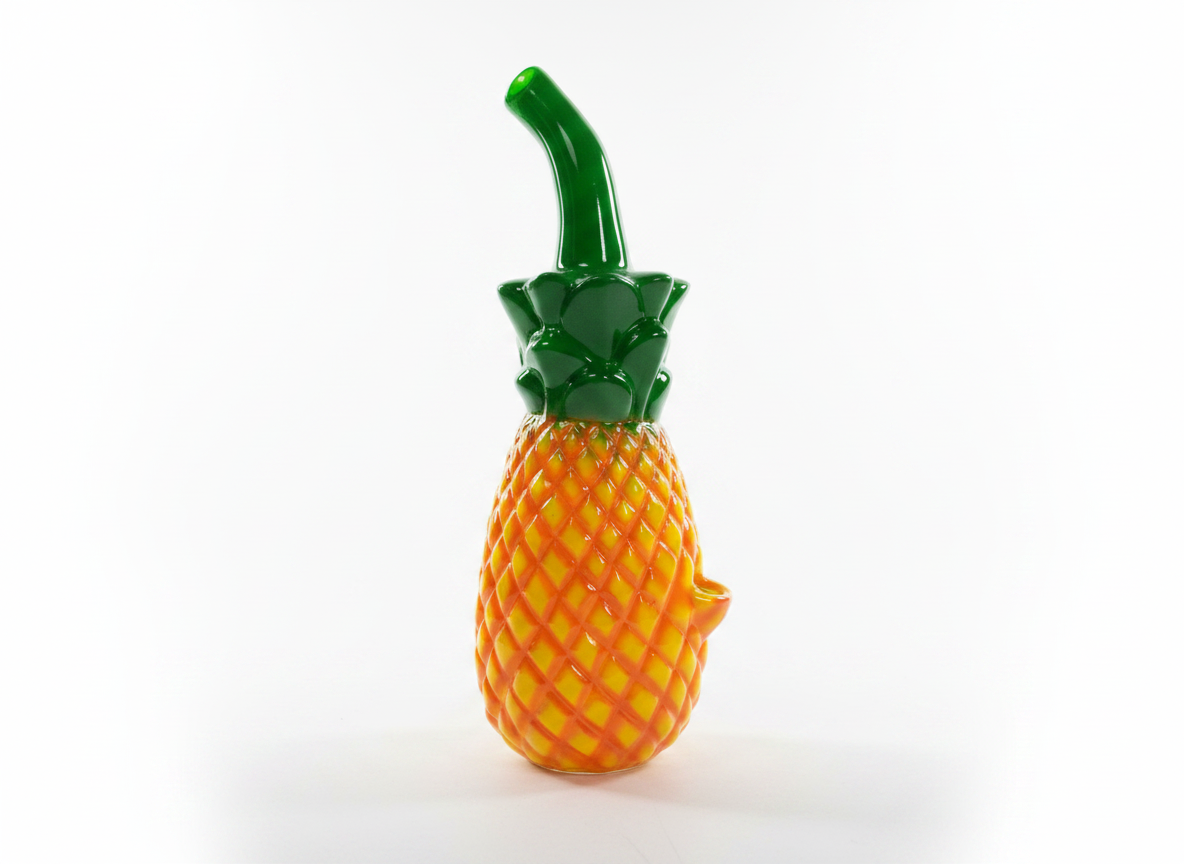 Yellow ceramic pineapple bong front view metal pipe 10 inch, instant delivery for bongs in delhi ncr