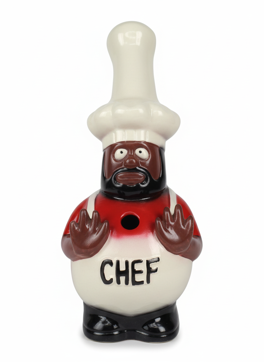 Decorative bowling pin shaped like a chef with a white hat and red shirt on a white background. chef og pioneer of Bong rips ceramic water pipe, stoners 420 quirky stoner weed ganja kief hashish hydroponics, smoking accessories exporter from INDIA