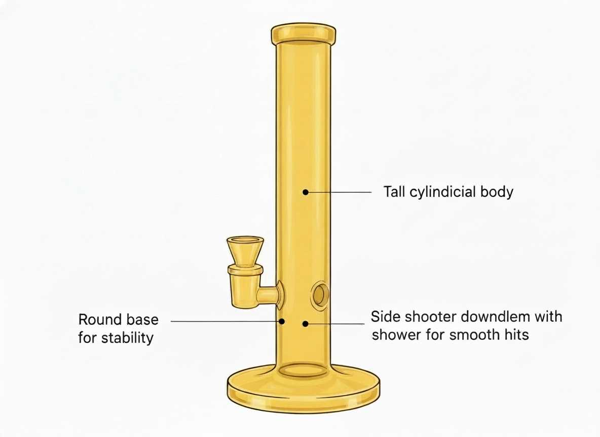 Yellow cylinder bong with labeled parts on a white background, cylinder glass bong custom, cylindrical glass bong custom, custom percolator bong, custom honeycomb mesh bong feature, custom bong builder India online for instant delivery