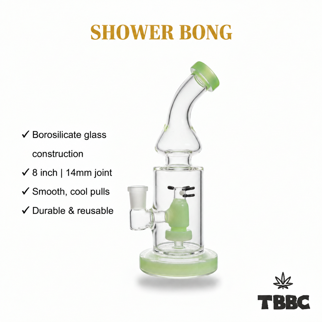 Lime Tide 8 inch borosilicate glass showerhead bong with 14mm joint and lime-green accents, specifications infographic