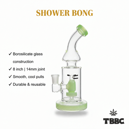 Lime Tide 8 inch borosilicate glass showerhead bong with 14mm joint and lime-green accents, specifications infographic