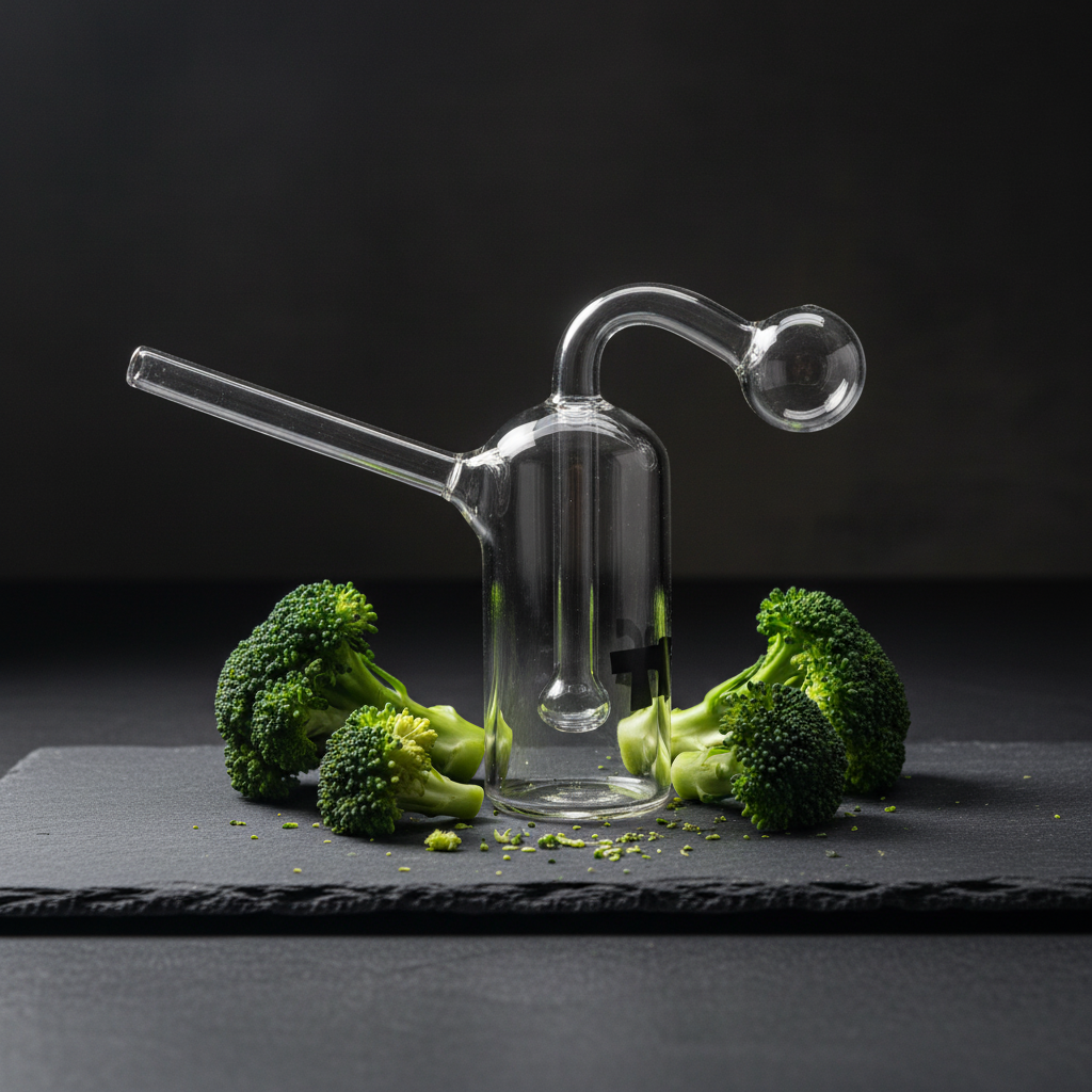 mini oil bong glass water pipe side view TBBC with some broccoli looks as weed nugs