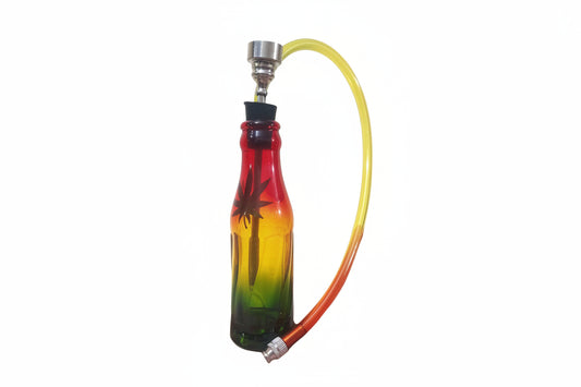 A colorful pocket glass bong with a removable top and a hookah tube, made from borosilicate glass.