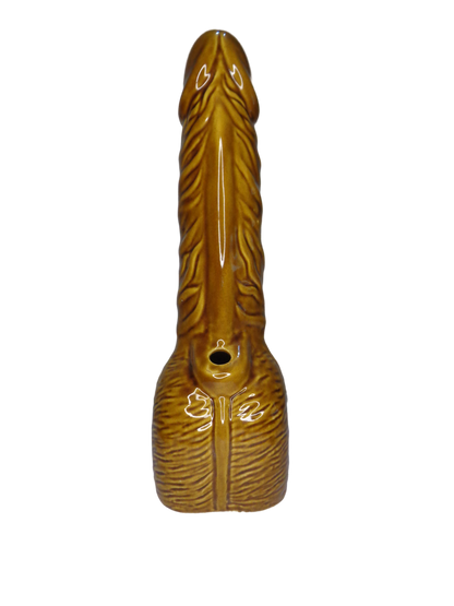 Brown ceramic pipe with textured surface on a white background, golden novelty hand pipe 12 inches India, large ceramic bachelor party gag gift, premium metallic , gold novelty pipe online, hand carved adult dick head novelty pipe 21+, best bachelor party gag gift India, large golden ceramic pipe for adults, unique adult penis novelty gift online India, 12 inch penis golden hand pipe with carved details, premium ceramic gag gift bachelor party, adult novelty smoking accessory India
