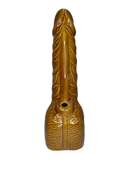 Brown ceramic pipe with textured surface on a white background, golden novelty hand pipe 12 inches India, large ceramic bachelor party gag gift, premium metallic , gold novelty pipe online, hand carved adult dick head novelty pipe 21+, best bachelor party gag gift India, large golden ceramic pipe for adults, unique adult penis novelty gift online India, 12 inch penis golden hand pipe with carved details, premium ceramic gag gift bachelor party, adult novelty smoking accessory India