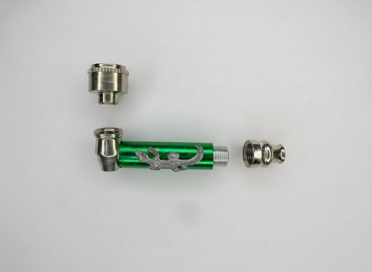 Green metal pipe with silver accents on a white background,
Green metal tool with a circular blade on a white background, smoking metal pipes for alone sesh one hitters, instant delivery for weed smoking pipes  stoners 420 accessories