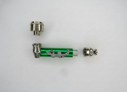 Green metal pipe with silver accents on a white background,
Green metal tool with a circular blade on a white background, smoking metal pipes for alone sesh one hitters, instant delivery for weed smoking pipes  stoners 420 accessories