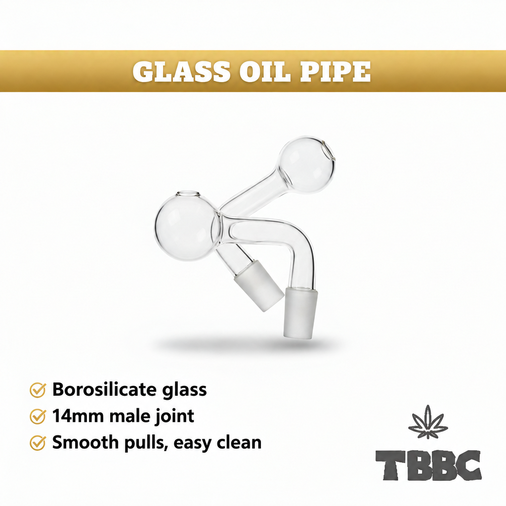 Borosilicate glass oil pipe attachment infographic showing two clear curved pieces with 14mm male joints