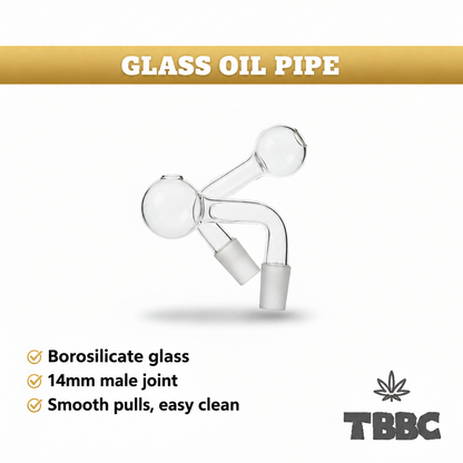 Borosilicate glass oil pipe attachment infographic showing two clear curved pieces with 14mm male joints