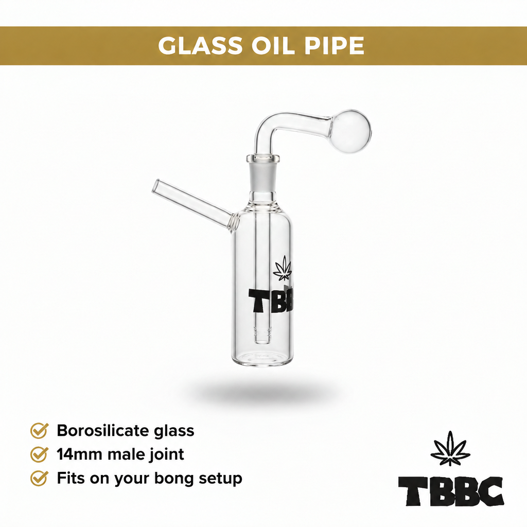 Borosilicate glass oil pipe with 14mm male joint fitted to an illustrative glass bong, bong not included