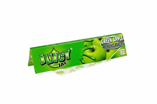 Packaging of Juicy Jay's King Size rolling papers with green apple flavor. The packaging is predominantly green with an image of a apple and the branding visible.