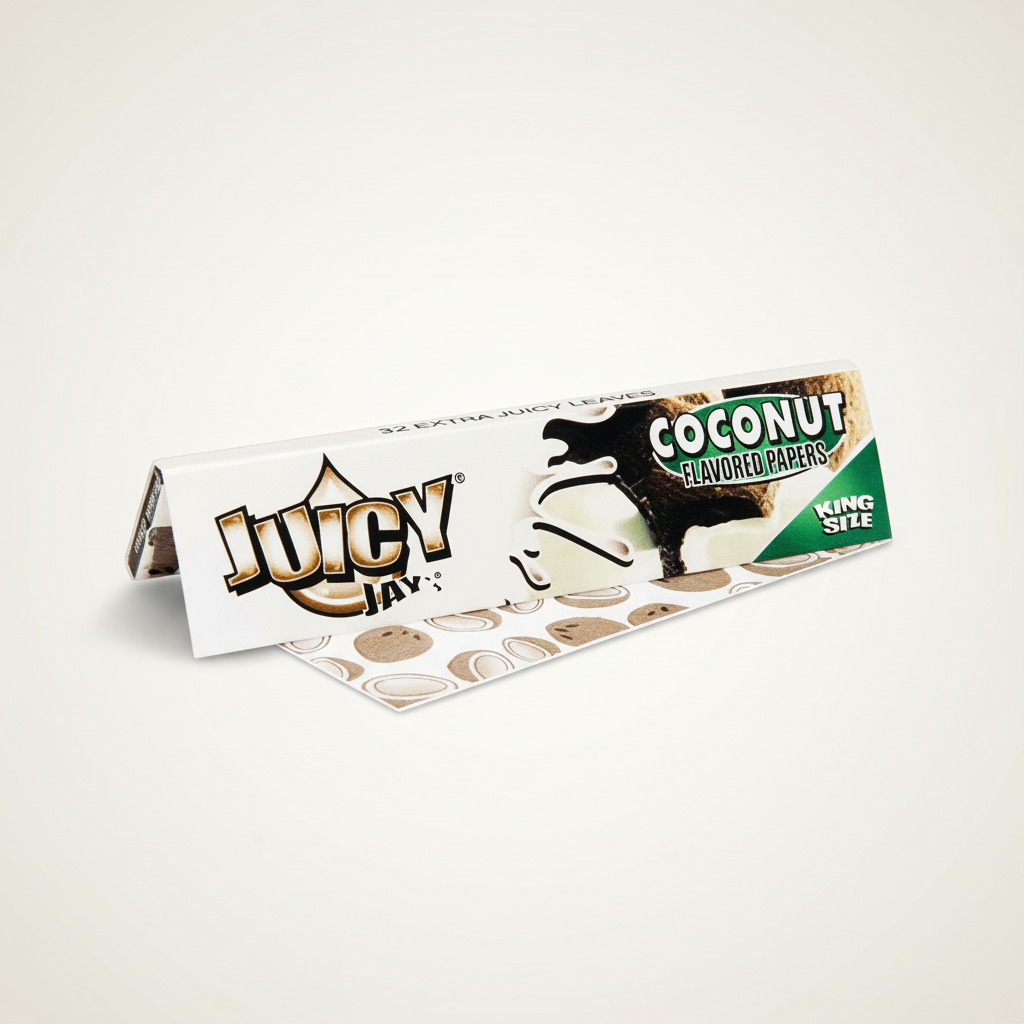 Packaging for Juicy Jay's King Size Coconut flavored rolling papers with the RAW 20 Stage branding.
