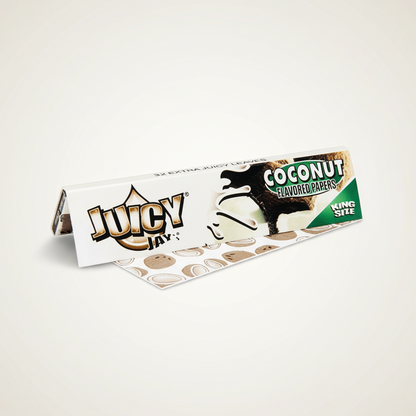 Packaging for Juicy Jay's King Size Coconut flavored rolling papers with the RAW 20 Stage branding.