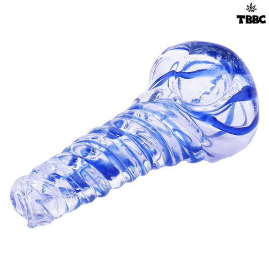 Blue twisted glass one-hitter pipe showing its spiral detailing in an alternate product view
