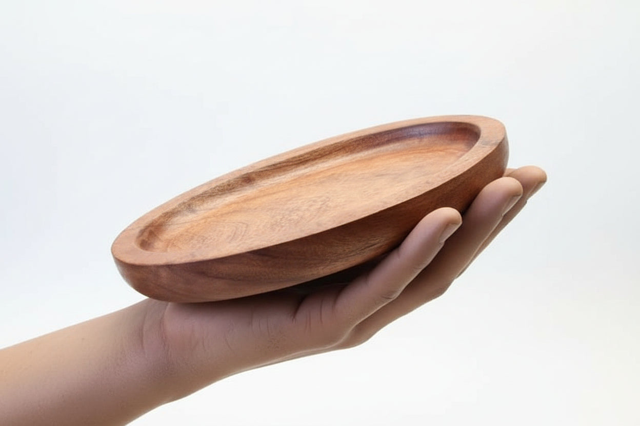 TBBC Natural Hardwood Oval Rolling Tray - 7x4 inches handcrafted wooden tray in white bg on hand