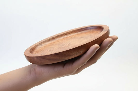 TBBC Natural Hardwood Oval Rolling Tray - 7x4 inches handcrafted wooden tray in white bg on hand