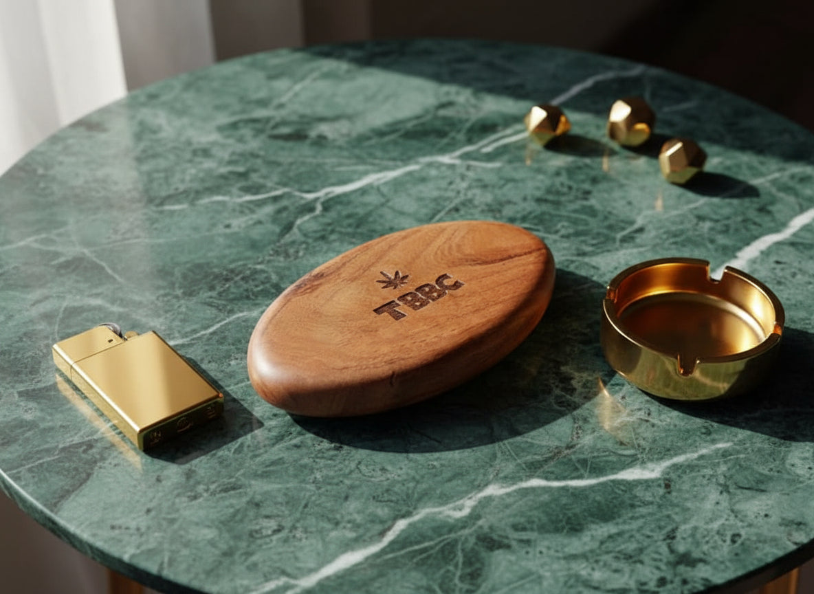 TBBC Oval Rolling Tray with laser engraved logo - premium smoking accessory kept on table as a home decor accessory