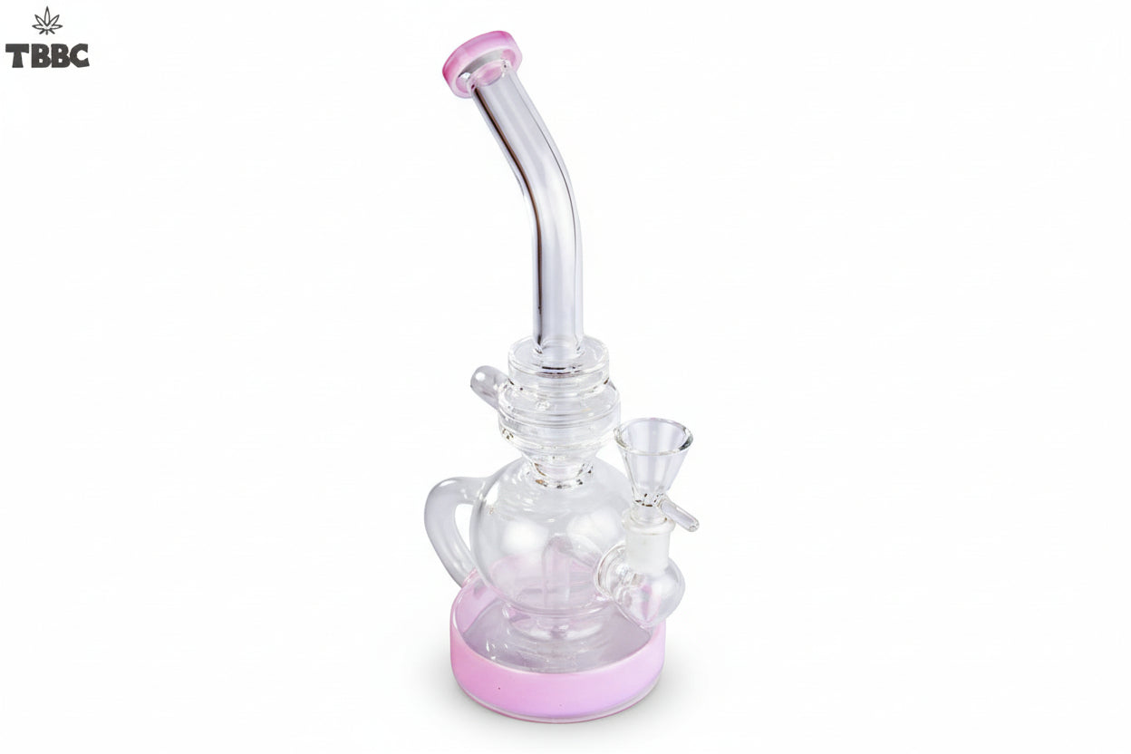 Glass smoking device with green accents on a white background, featuring the TBBC logo. exporter of bongs india, super quality bongs collection online