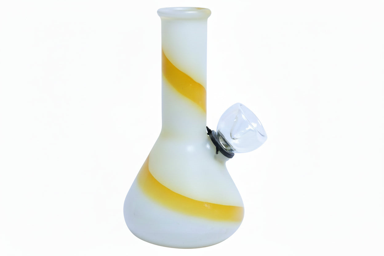 A 5 inch bong with a yellow and purple striped design and a white base. instant delivery bongs online