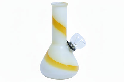 A 5 inch bong with a yellow and purple striped design and a white base. instant delivery bongs online