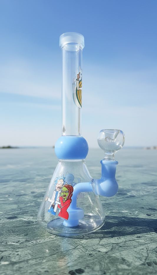 Glass water pipe with blue accents on a reflective surface with clear blue sky. bongs in delhi ncr 