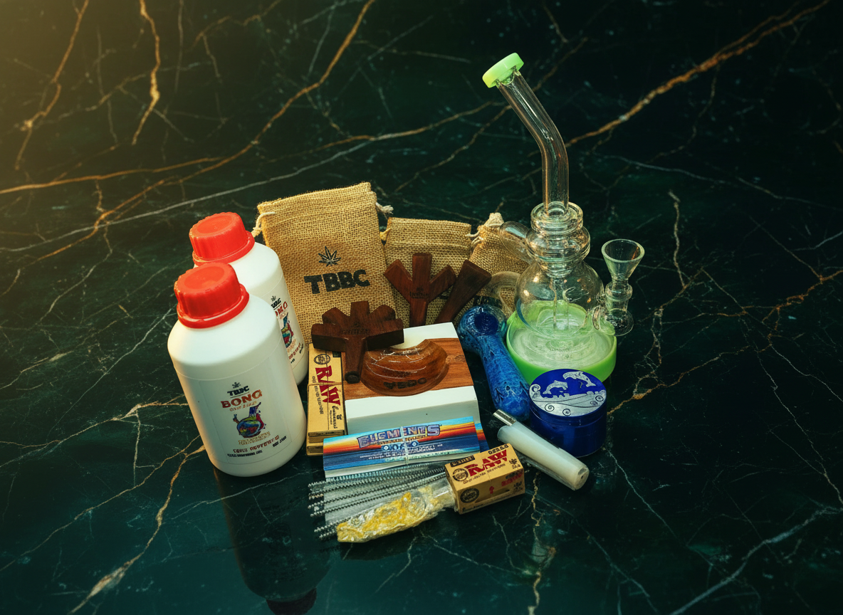 premium boombox kit including recycler bong water pipe wooden level 5 joint holder, trident j holder, double barrel, bong cleaner, raw rolling paper, elements rolling paper, tbbc rolling tray, metal herb weed grinder, glass super exclusive hand pipe and stash bags 