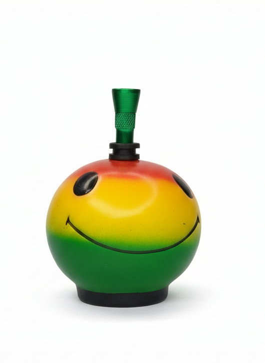 Rasta smiley ceramic bong with green metal hitter - reggae colors water pipe India
