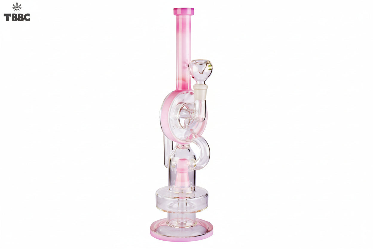 Pink glass smoking bong with 'TBBC' branding on a white background