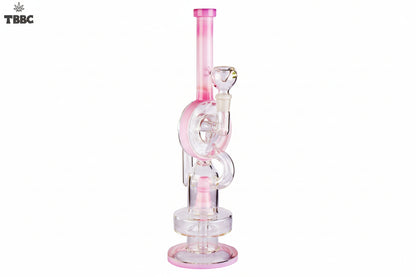 Pink glass smoking bong with 'TBBC' branding on a white background