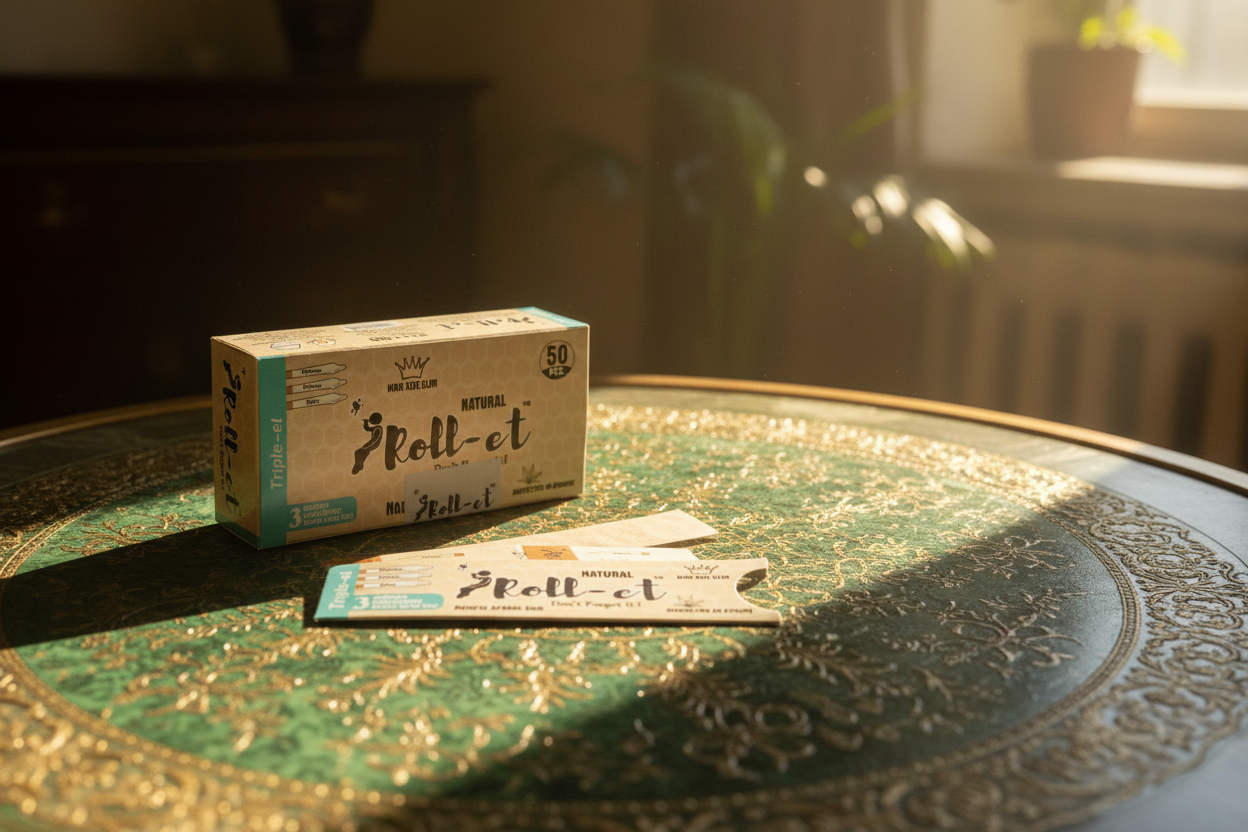 A box and individual packets of Natural Unbleached Rollet rolling papers with a 'King Size 3+3' designation, featuring an organic and eco-friendly theme.