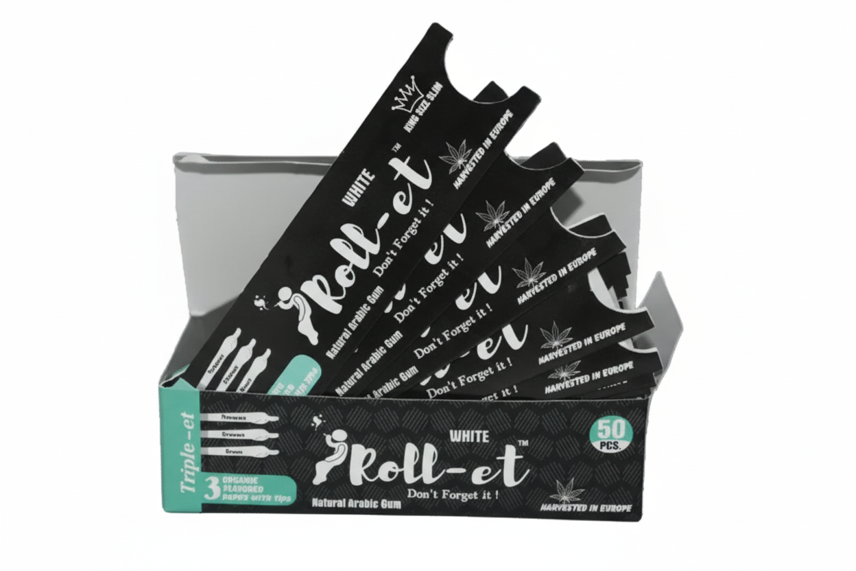 A box of Natural Rollet bleached king-size rolling papers with 50 sheets in a 3x3 box arrangement, predominantly featuring black and white colors with text and branding details.