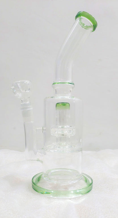 Clear glass shower percolator bong, water pipe in green color, heavy duty durable glass shower percolator bong in 12 inches, express delivery of bongs in delhi ncr noida gurugram faridabad haryana uttar pradesh, express delivery in india mumbai pune chennai bangalore