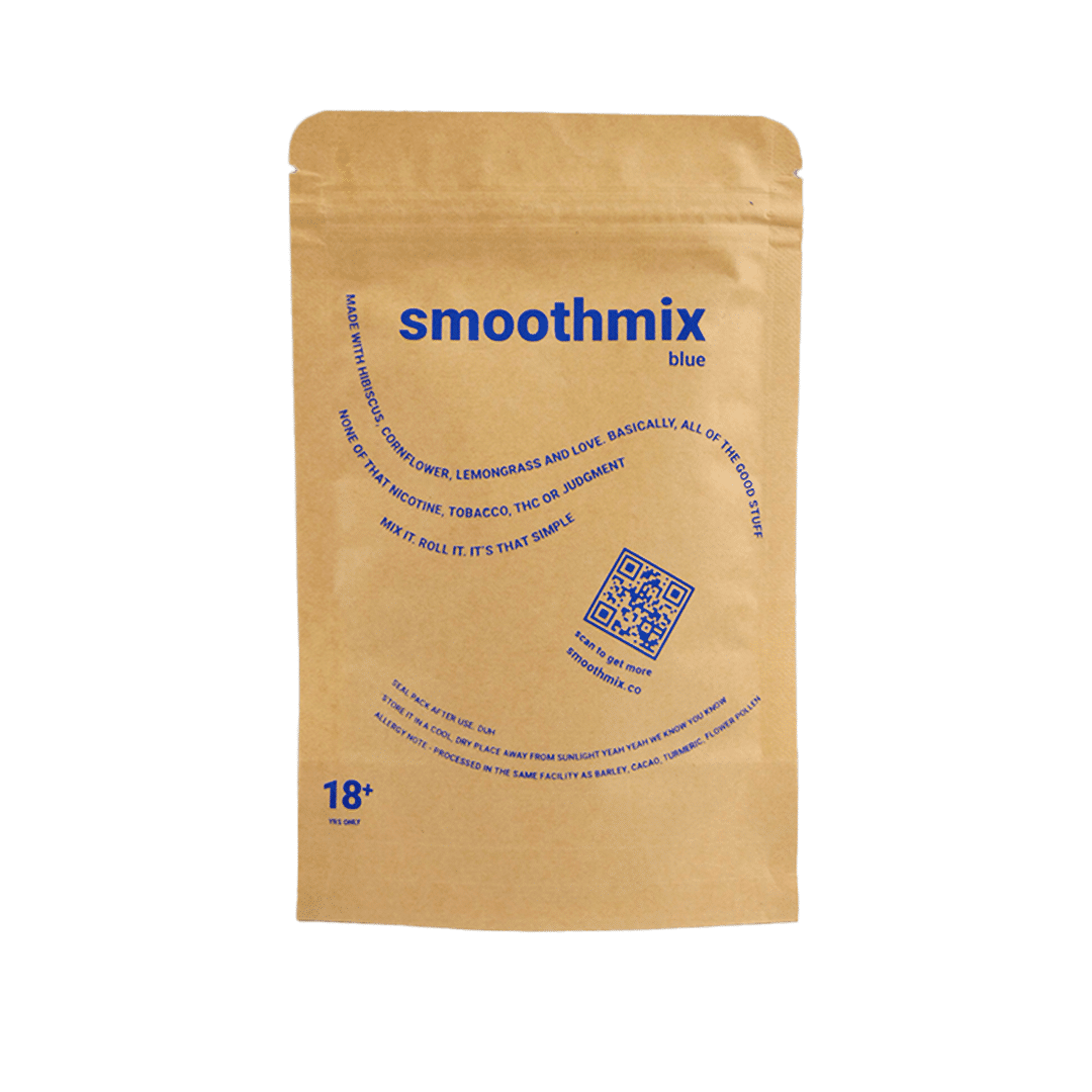 A bag of Smoothmix Blue Herbal Mixture with a window showing the blue rolling tobacco inside, supplying by tbbc theboomboxclub