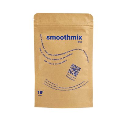 A bag of Smoothmix Blue Herbal Mixture with a window showing the blue rolling tobacco inside, supplying by tbbc theboomboxclub