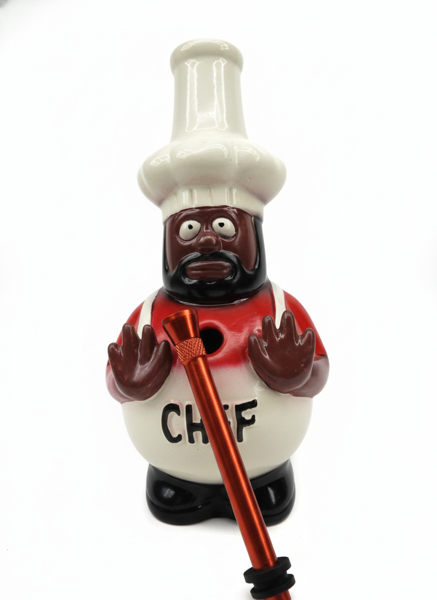 Figurine of a chef character holding a red bong shooter on a white background, Decorative bowling pin shaped like a chef with a white hat and red shirt on a white background. chef og pioneer of Bong rips ceramic water pipe, stoners 420 quirky stoner weed ganja kief hashish hydroponics, smoking accessories exporter from INDIA