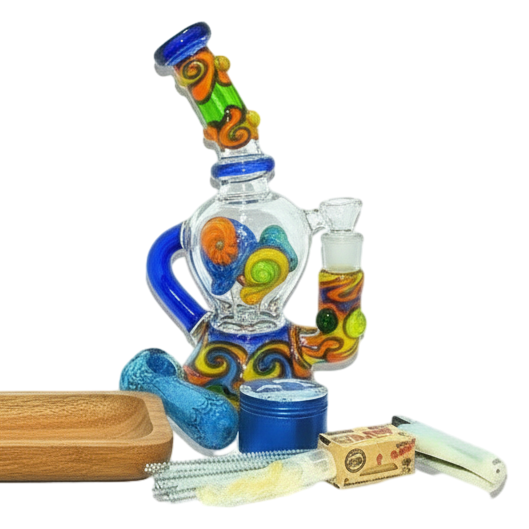 Colorful glass smoking accessory set with wooden tray on a white background