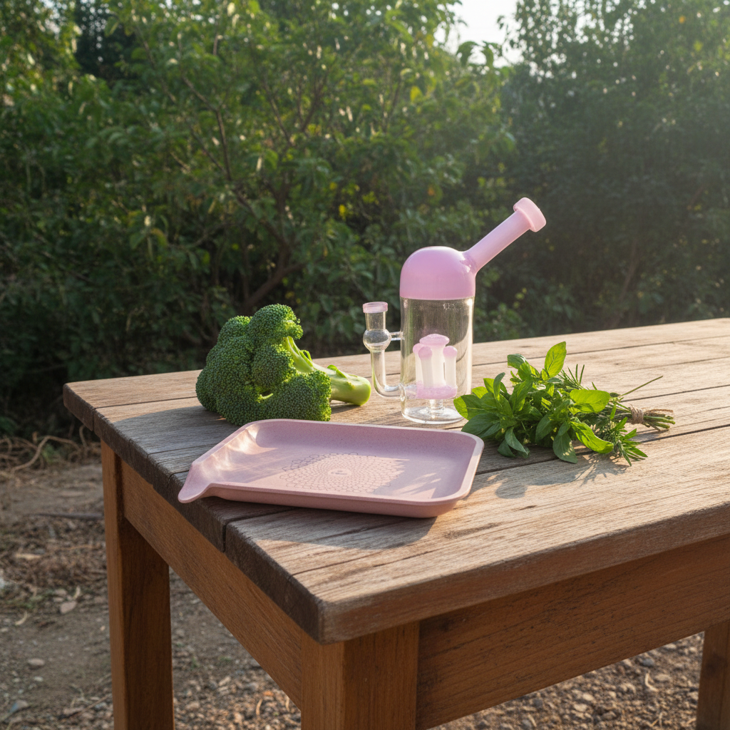 tbbc rose pink rolling tray, eco rolling tray in use with perfolator bong on the table, best smokeshop online TBBC