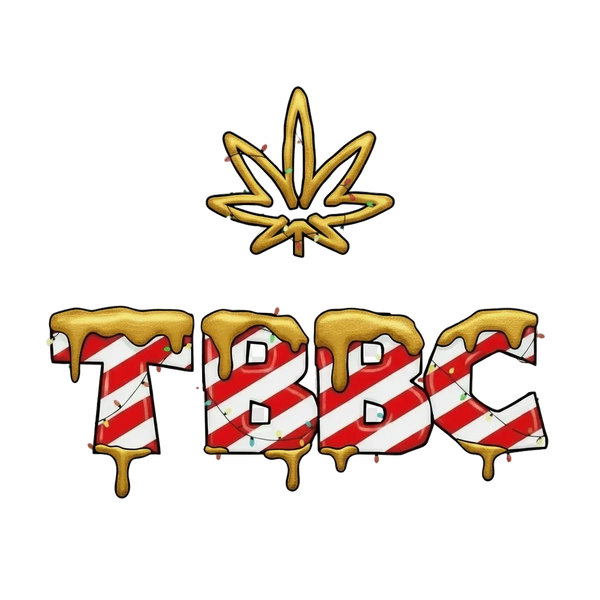Gold cannabis leaf above red and white striped letters 'TBBC' on a white background, tbbc theboomboxclub merry christmas & Happy new year