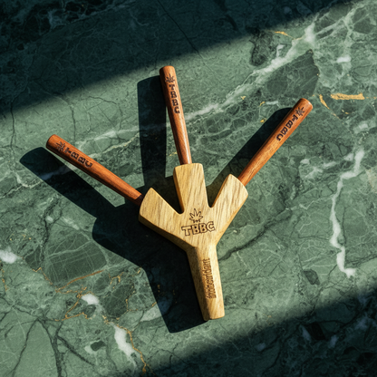 wooden joint holder on a green marble table with golden finish, 3 in 1 joints
