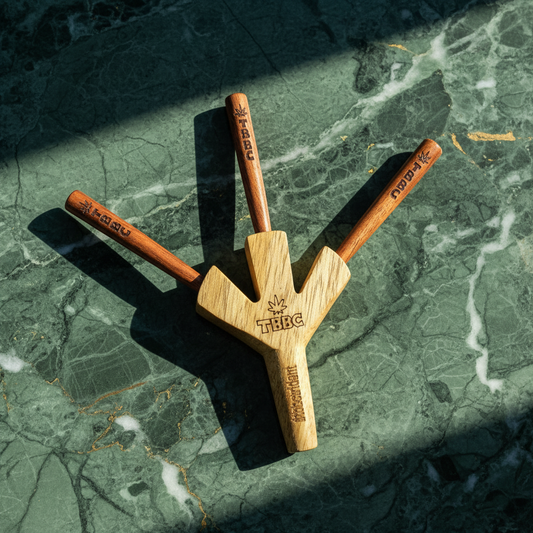 wooden joint holder on a green marble table with golden finish, 3 in 1 joints