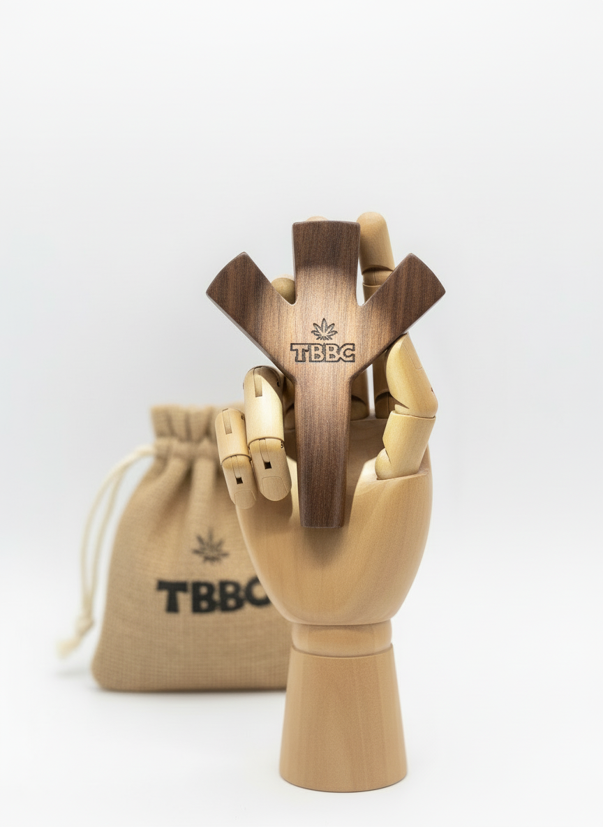 Wooden hand holding a wooden tool with 'TBBC' branding, next to a matching drawstring bag on a white background. best joint holder for lowest tar