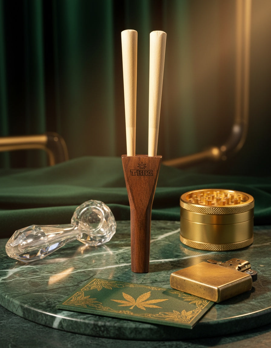 TBBC Double Barrel J Holder made of wood, displayed in a burlap sack with the TBBC logo printed on it.handcrafted wooden joint holder made by tbbc especially for homies who want to smoke 2 joints in 1, get highly fried/baked with double barrel and have real fun while taking cool and smooth toke every time you smoke. Weed lovers gets mad when they see this Magical toy in your hand. 