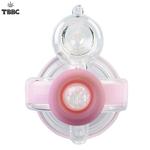 Clear and pink glass smoking accessory with 'TBBC' branding on a white background, instant delivery delhi ncr, exporter of bongs in India