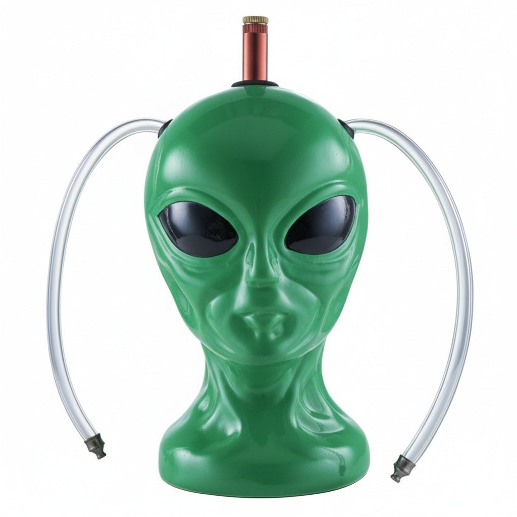 Green alien head with hoses on a white background, smoking pipes on hear and shooter in center,Green alien head sculpture on a dark marble surface. Ceramic alien bong online for instant delivery in delhi ncr, express delivery pan india for bongs, best dopest dankest weed alien bongs online 