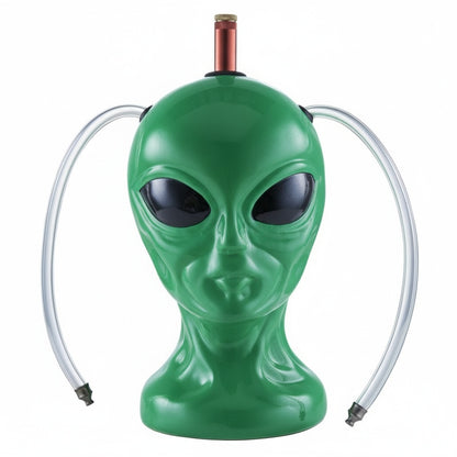 Green alien head with hoses on a white background, smoking pipes on hear and shooter in center,Green alien head sculpture on a dark marble surface. Ceramic alien bong online for instant delivery in delhi ncr, express delivery pan india for bongs, best dopest dankest weed alien bongs online 