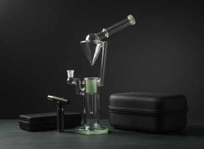 16 inch glass dab rig green accents with carry case dark premium flatlay, big bongs instant delivery in delhi ncr, ganja charas weed bong near me